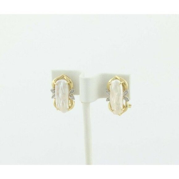 14k Yellow Gold Keshi Pearl and Diamond Earrings Lever Back Earrings - Picture 6 of 11